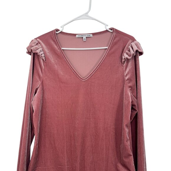 Celebrity Pink XL Rose Pink Velvet Long Sleeve Bodysuit Ruffle Shoulder Detail - Picture 12 of 15
